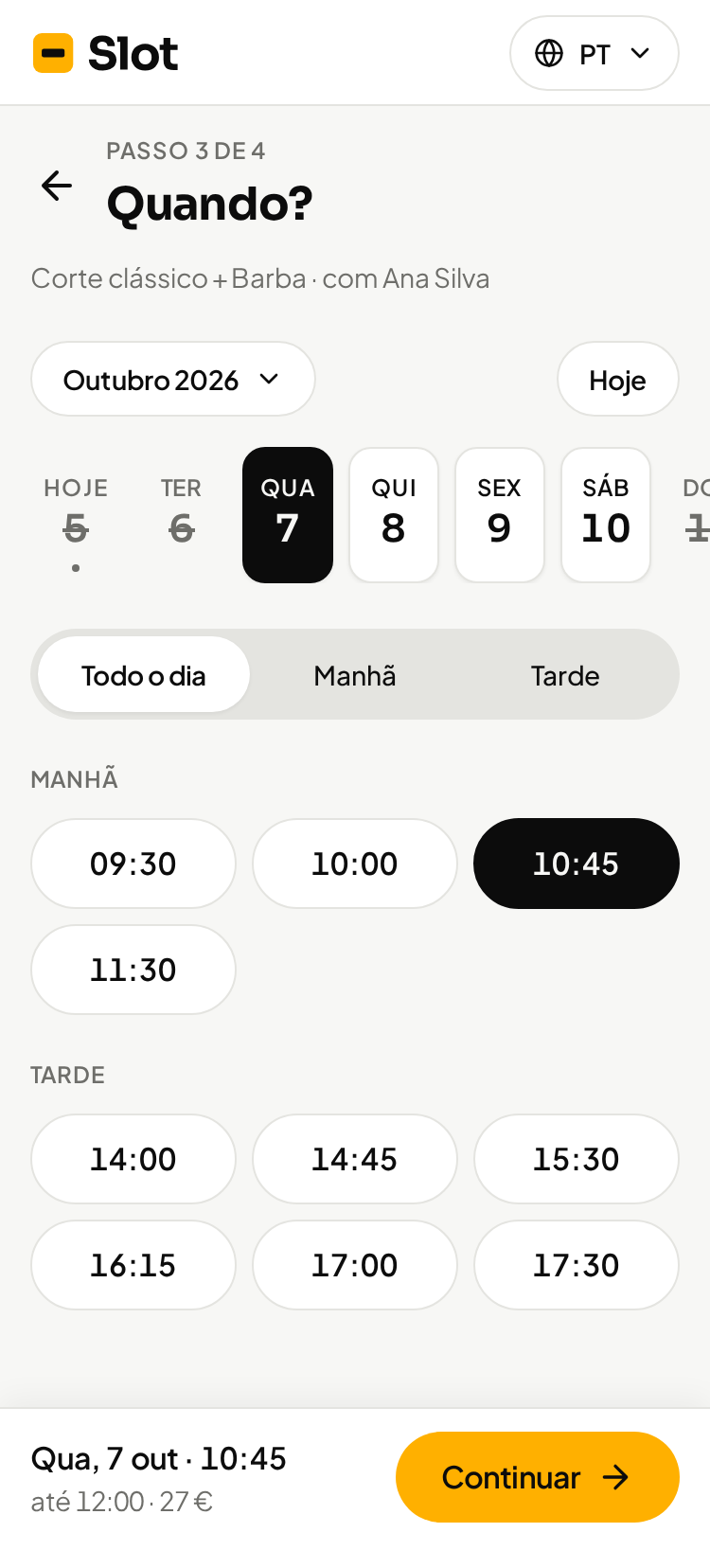 Escolha de dia e hora